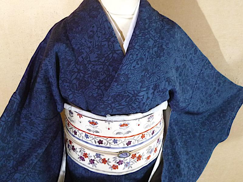 トールサイズ 藍染 型染め 横断 古代菊 縮緬 小紋 正絹 AK-5458 トールサイズ 藍染 型染め 横断 古代菊 縮緬 小紋 正絹 AK-5458