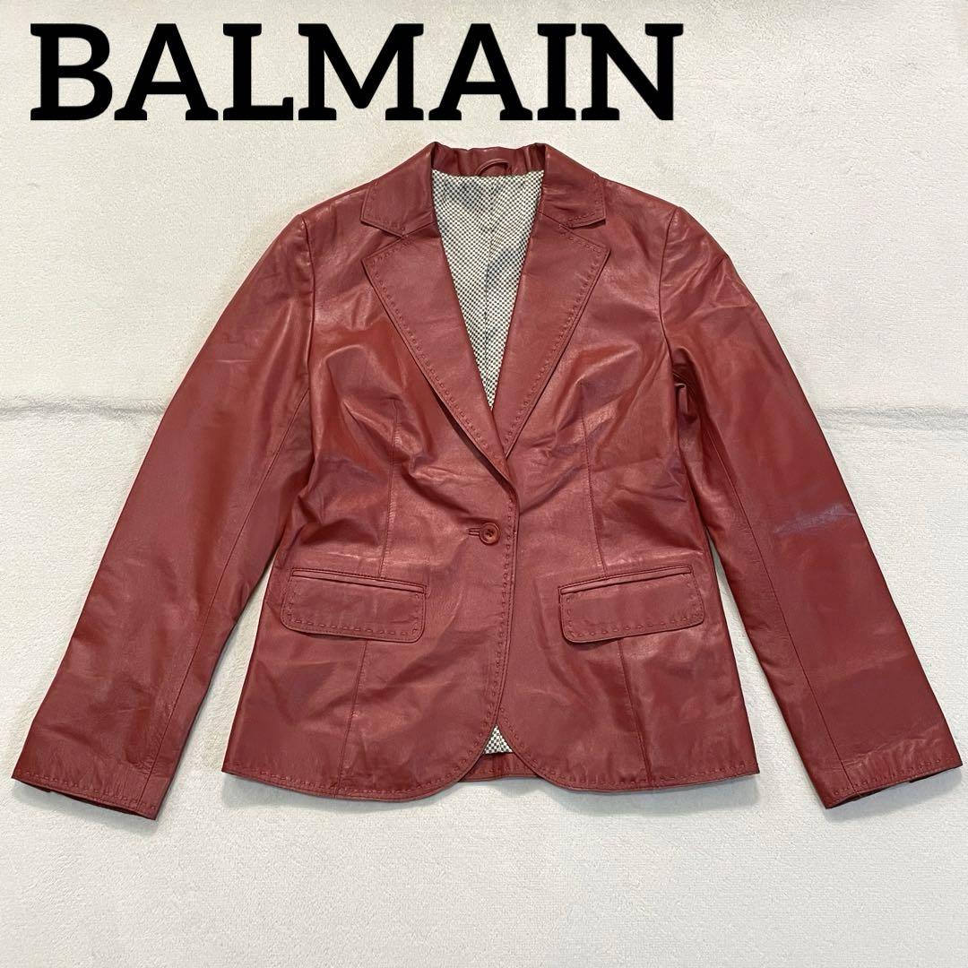 【専用】Balmain Paris  赤コート シンプルでおしゃれなレディースの本革ラムレザーステンカラー