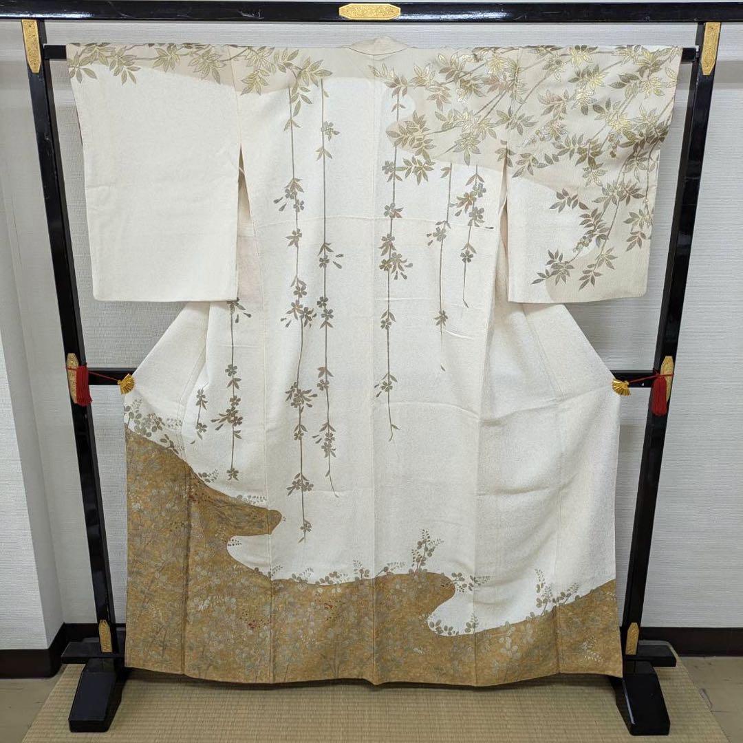 二尺袖 正絹 金駒刺繍 紋無し 広衿 袷 着物T-2675 通販ファッション - 小紋 付下げ 花模様 金駒刺繍 裄66.5 着物