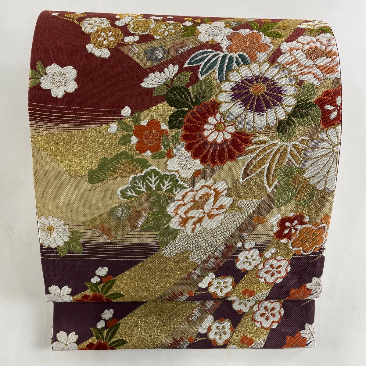 袋帯 美品 秀品 やまと 菊 桜 箔 金糸 えんじ色 六通 正絹
