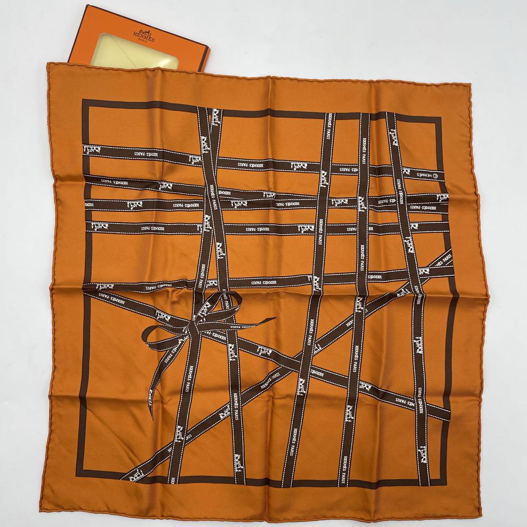 極美品】HERMES スカーフ カレ40 ボルデュック リボン オレンジ