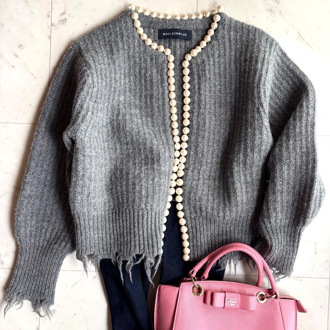 【MADISONBLUE】パールダメージカーディガン 美品♪ MADISON BLUE パールダメージカーディガン グレー 00