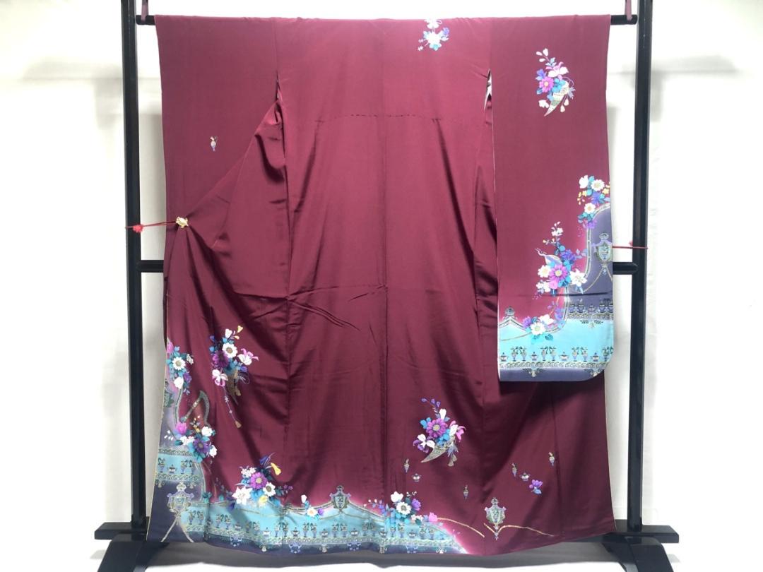 値下げ‼️　送料無料　中古品　正絹　振袖　袷きもの　京友禅金彩加工　刺繍　ボカシ染 値下げ！ 送料無料！ 中古品 正絹 振袖 友禅金彩加工 ボカシ染