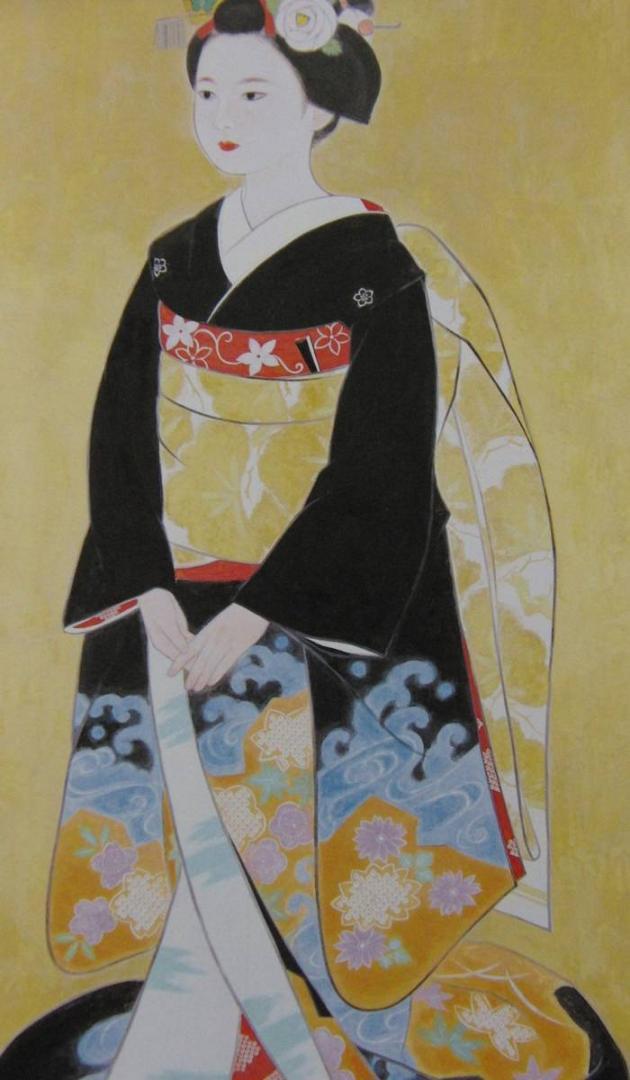 三輪良平、【舞妓立像】、希少画集画、新品高級額 額装付、状態