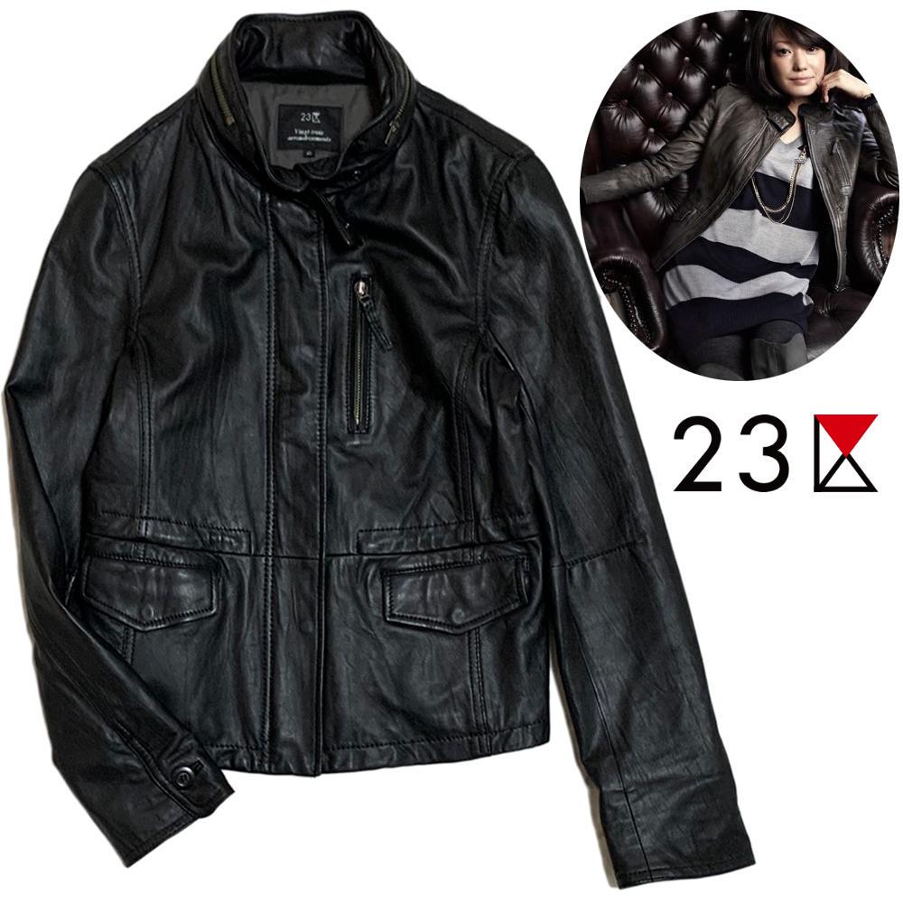 【美品】 23区 ライダースジャケット ラムレザー 菅野美穂 着 カーキ 38 菅野美穂着 23区 スタンドカラー ラムレザー ジャケット 40 黒