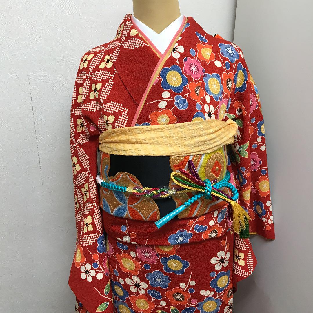 最終お値下げ　美品　正絹　上質な縮緬　紅型　とっても可愛い振袖〜♡ 裾の躾付き 正絹 縮緬 紅型振袖 （平和屋着物○紅型 振袖 鴛鴦花蝶文 鬼しぼ