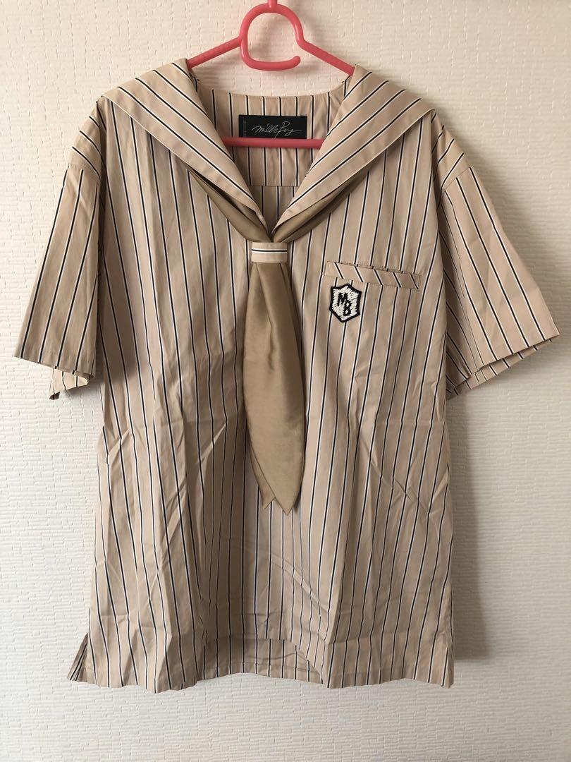 レア✨ミルクボーイ ストライプ セーラー シャツ ブラウス 男女兼用 水色 milkboy sailorman セーラー シャツ ブラウス ストライプ