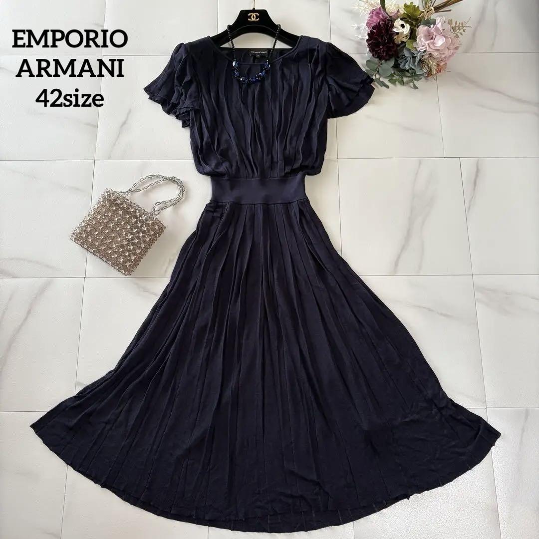 EMPORIO ARMANI ダークネイビー 半袖プリーツニットワンピース42 EMPORIO ARMANI ダークネイビー 半袖プリーツニットワンピース42