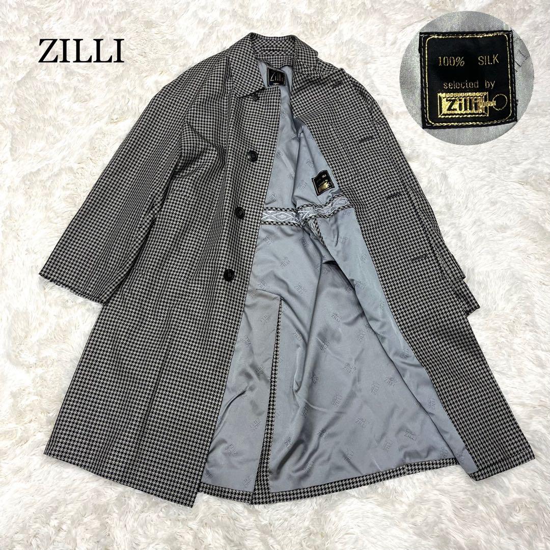 美品 ZILLI ジリー シルク100% 千鳥 チェック ステンカラーコート 美品 ZILLI ジリー シルク100% 千鳥 チェック ステンカラー