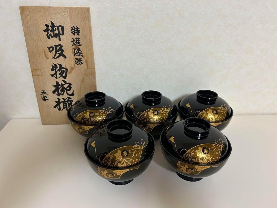 会津塗 特選漆器 扇面蒔絵 黒大名お吸物椀揃 5客（漆器 椀 5個