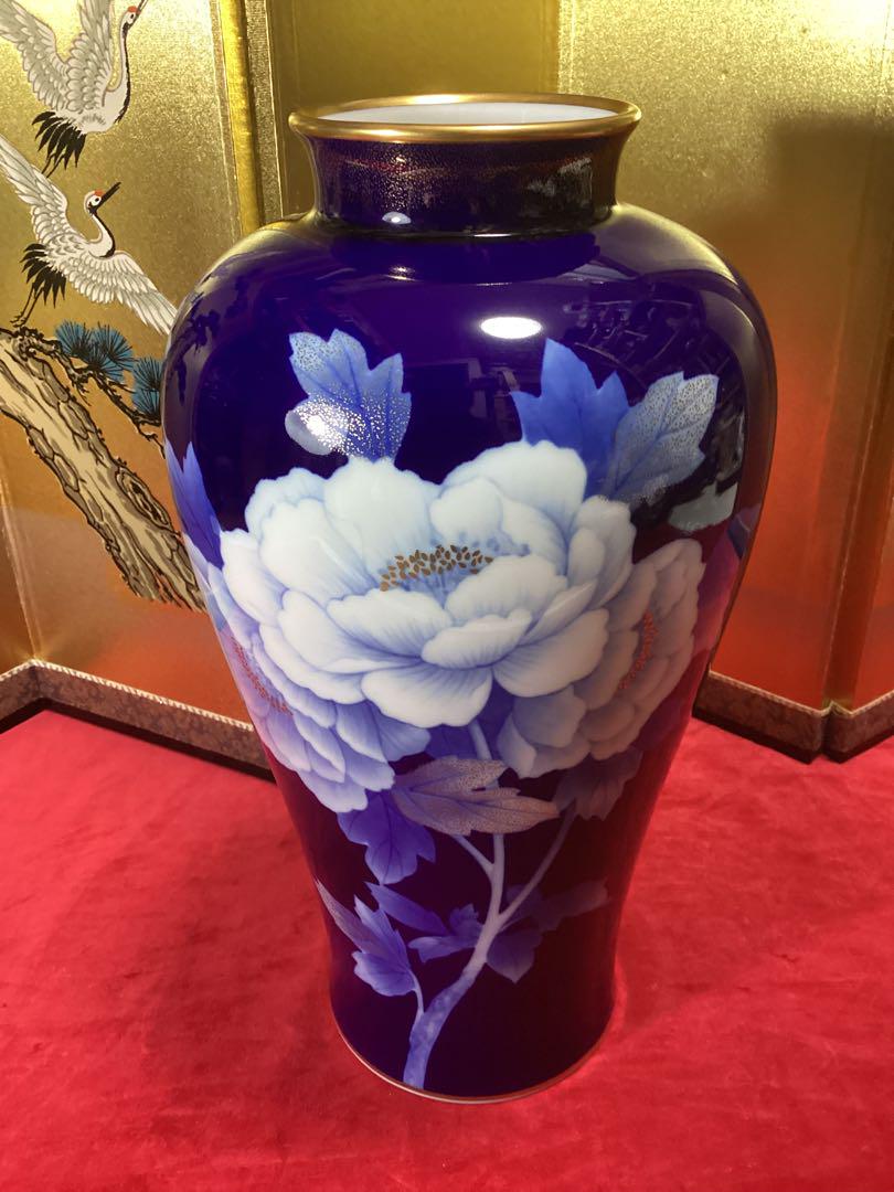 ノリタケ　瑠璃　牡丹文　花瓶 ノリタケ 瑠璃 牡丹文 花瓶 （オールドノリタケ 金彩 バラ文 双