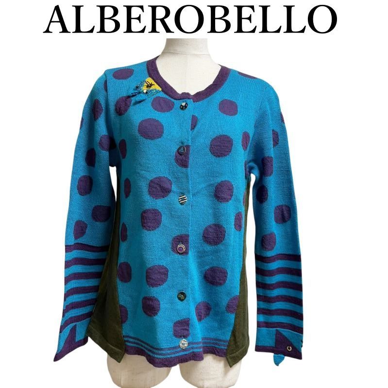 ALBEROBELLO（アルベロベロ）カラフル ニットカーディガン　大きなドット　モスグリーン　ブルー ブランド古着の通販・買取・販売ならリサイクルショップてんとうむし