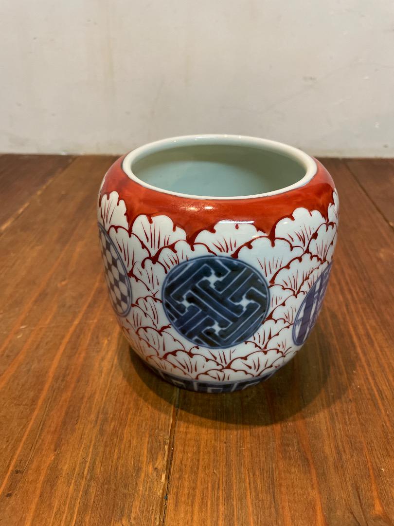 美品 伊万里 色絵 草花丸文 冨貴長春 鉢 火鉢 染付 小 年代物