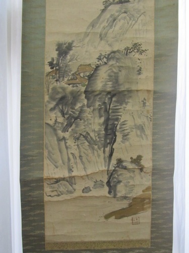 中村不折 山水図 山水画 水墨画 掛け軸 アート 美術 芸術 壁掛け飾り 中村不折】掛軸◇山水画◇肉筆◇軸先陶製◇日本画 (中村不折 賛