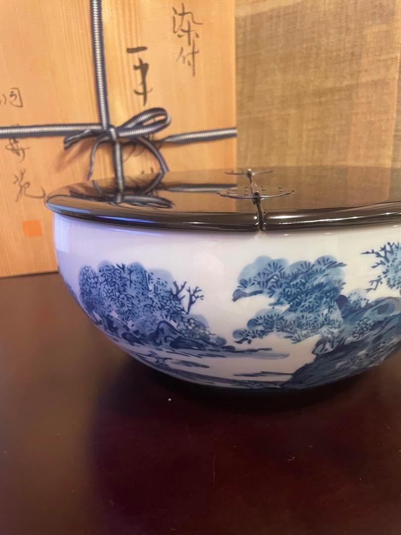 【平水指】山水 水指 茶道具 染付 洞華苑 木箱入り 茶道具 染付 平水指 山水 洞華苑(No.0363 平水指(染付山水) 洞