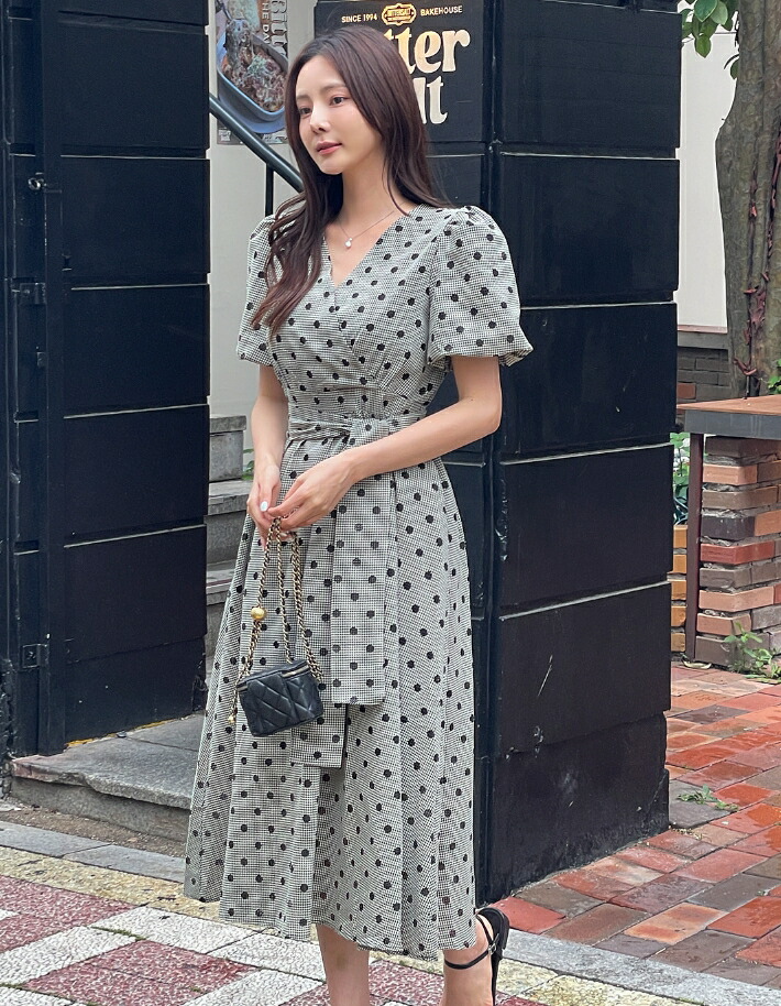★IAMMARI★ ブティンチェックドットラップワンピ 送料無料】アイアムマリ【I AM MARI】Bteen Puff Check Dot Wrap